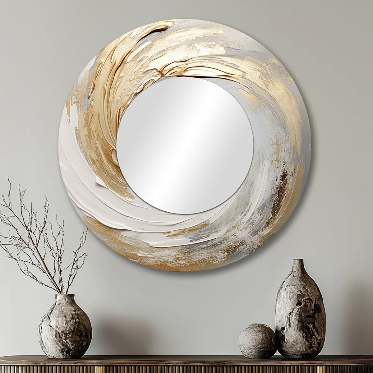 Gold And White Soft Wave Vortex III - Abstract Spirals Decorative Mirror, Modern Round Wall Mirror, Printed Metal Art