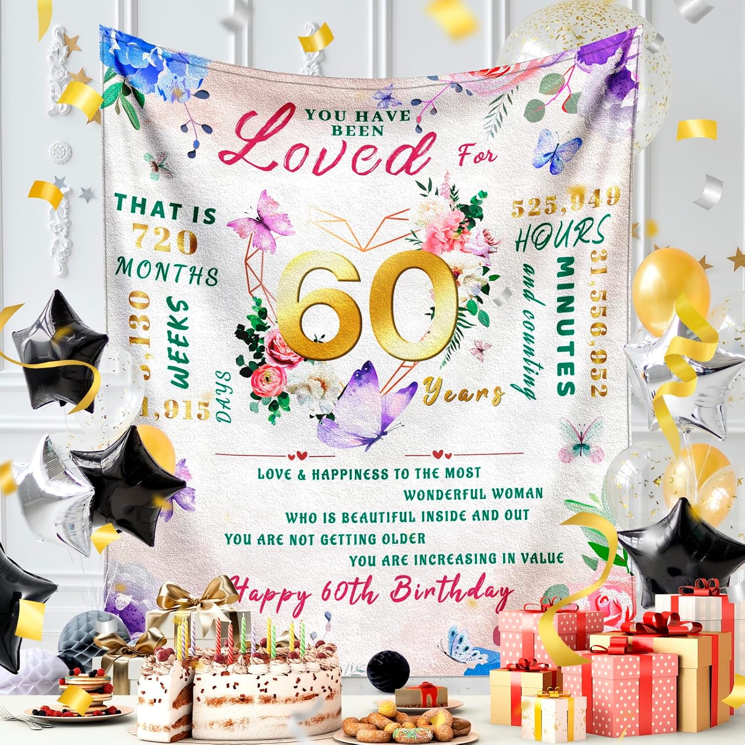 60th Birthday Gifts for Women, 60 Year Old Birthday Gifts for Women, 1966 Bday Gift for Woman Throw Blanket 60x50, Womens Sixty Bday Gift Ideas, Presents for Female Turning 60 Pink-60th 60 x 50
