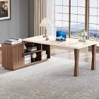 Tribesigns 78.7-Inch Executive Desk, Large L-Shaped Office Desk with Cabinet and Storage Shelves, Writing Table Business Furniture Set for Home Office, Gray and Cream White