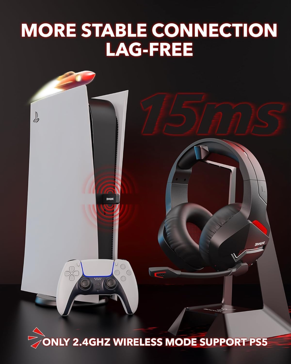 BINNUNE Wireless Gaming Headset for PS5 PC, 120H Ultra-Long Battery, 2.4GHz & Bluetooth 5.3 Wireless Headphones with Noise Canceling Mic, 50mm Drivers, Comfort Over Ear Headphones, Black Black For PS5