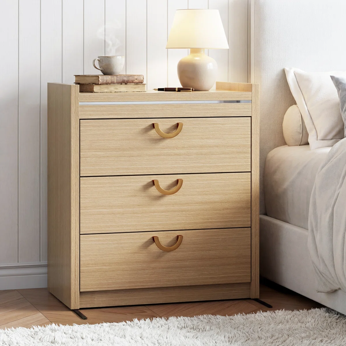 3 Drawer Mid-Century Modern Dresser, Oak Wood Chest of Drawers with Gold Curved Handles, 30.31” Tall Storage Organizer for Bedroom Hallway Entryway