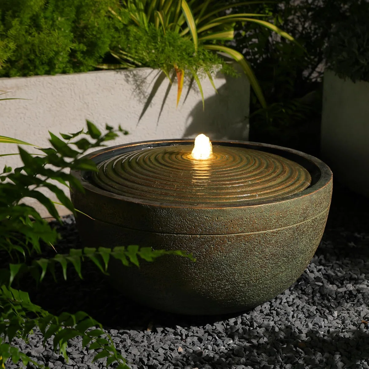 Modern Bowl-Shaped Cascading Water Fountain with LED Lights, 11.4"H Resin Outdoor Water Feature for Garden Patio Decor