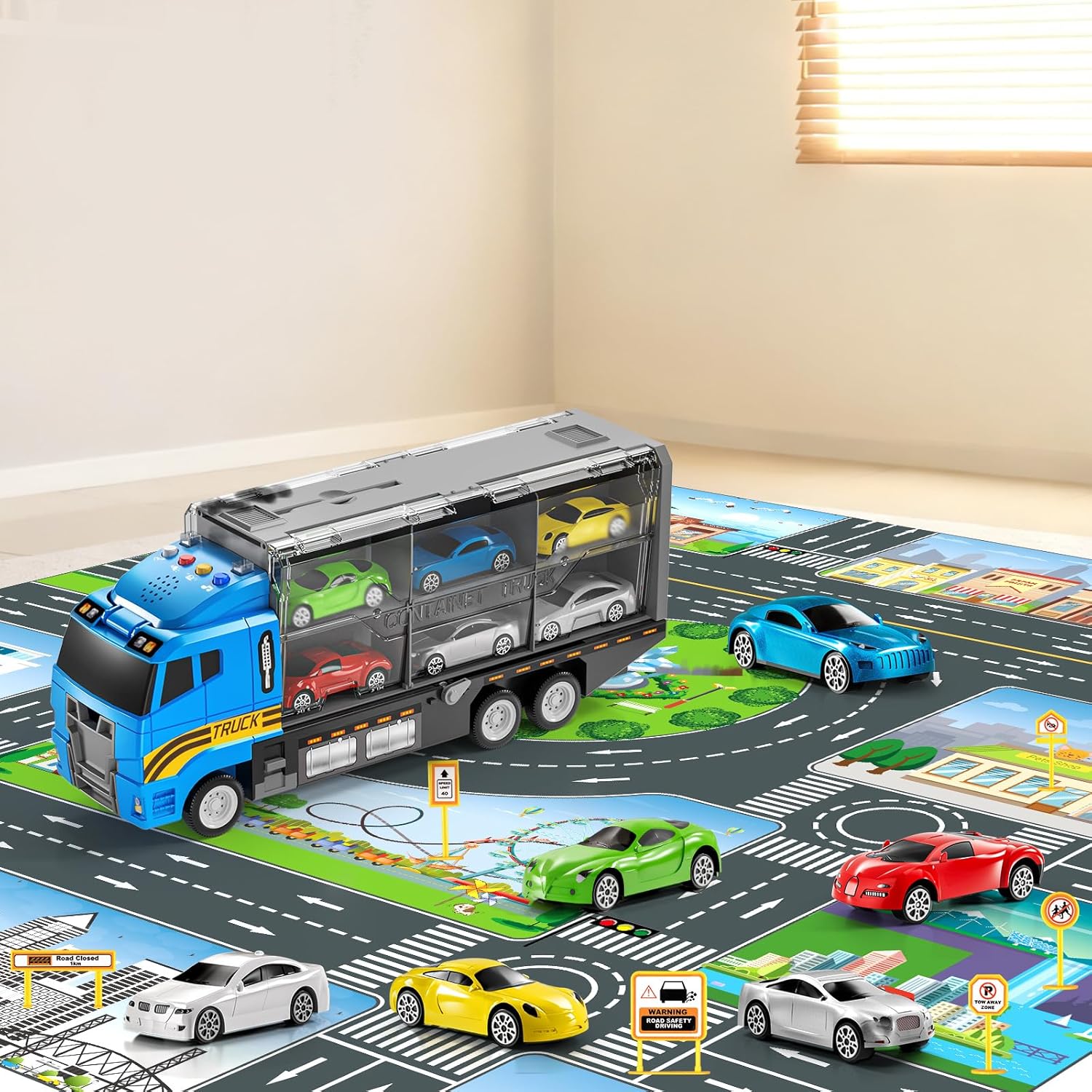 NIPLOOOW Toddler Boys Toys for 3 4 5 6 Years Old, Truck Vehicle Set with Play Mat and Die-Cast Toy Car, Transport Carrier Truck for Kids, Birthday Gifts Toys for 3 4 5 6 7 8+ Year Old Boys Racing truck