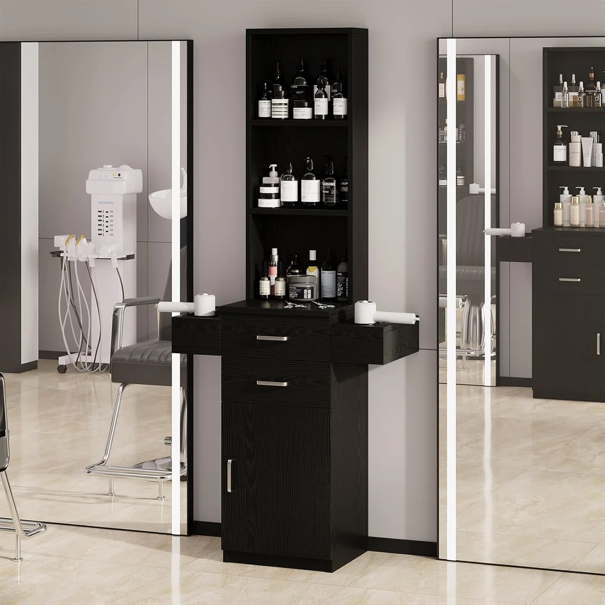 Thame Salon Station for Hair Stylist, Barber Station with Storage Cabinet, Hair Salon Stations Equipment Hair Dryer Holder, Drawers, Storage Cabinet for Hair Styling