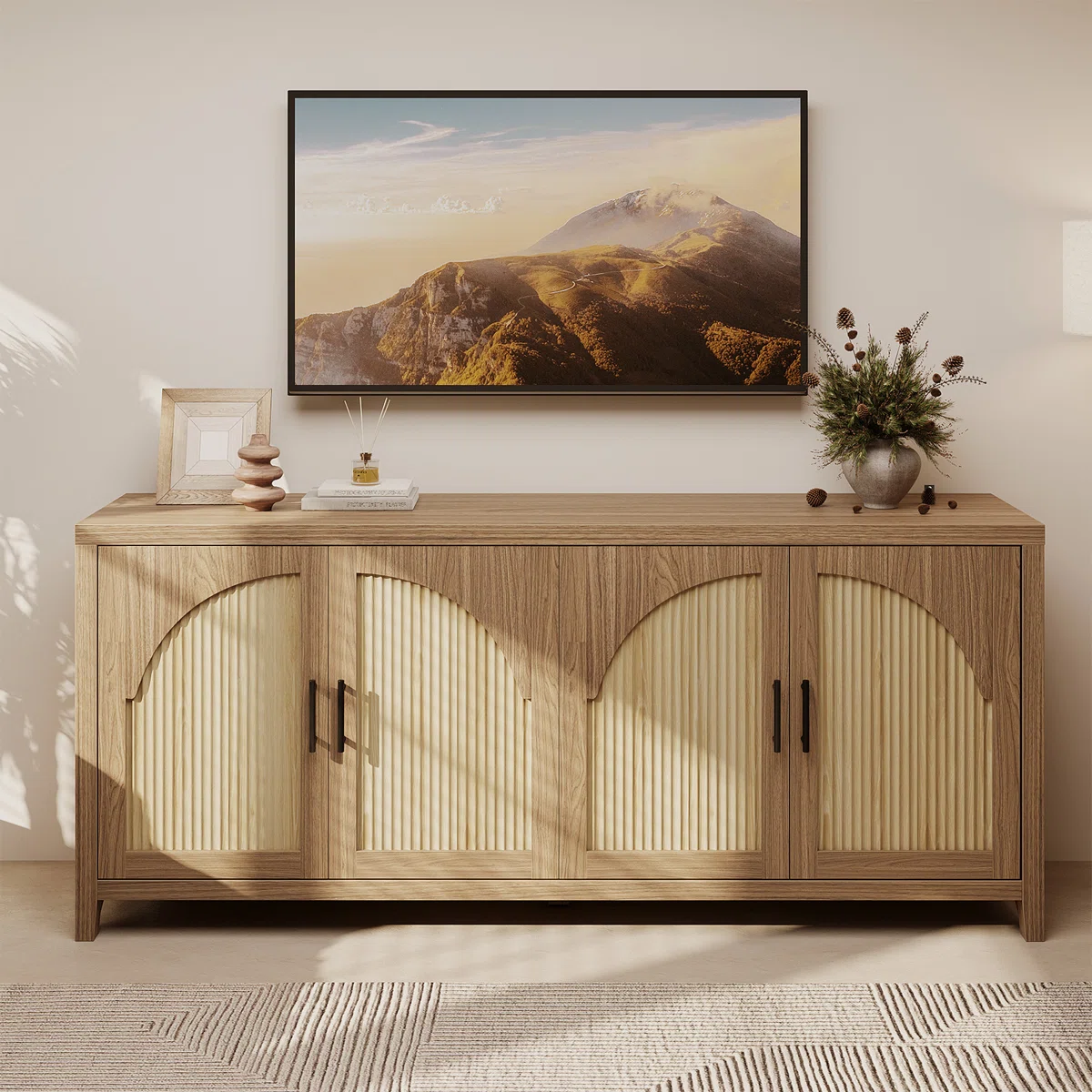 70’’ TV Stand with Storage,4-Door Reeded Sideboard Buffet with Cord Management, Mid-Century Media Center TV Console Fits TVs Up to 75 in