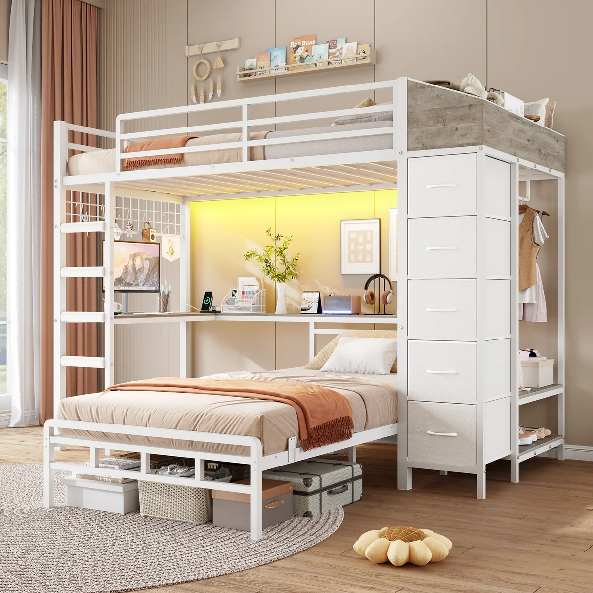 Loft bed with L-shaped bunk bed and 5-layer fabric drawer on the side Twin Size