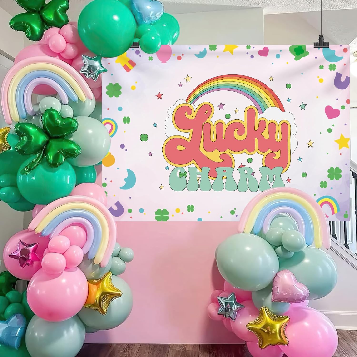 MEHOFOND 7x5ft St. Patrick's Day Baby Shower Backdrop a Little Lucky Charm is on The Way Purple Watercolor Background Clover Rainbow Irish Festival Party Banner Supplies Photo Booth Props