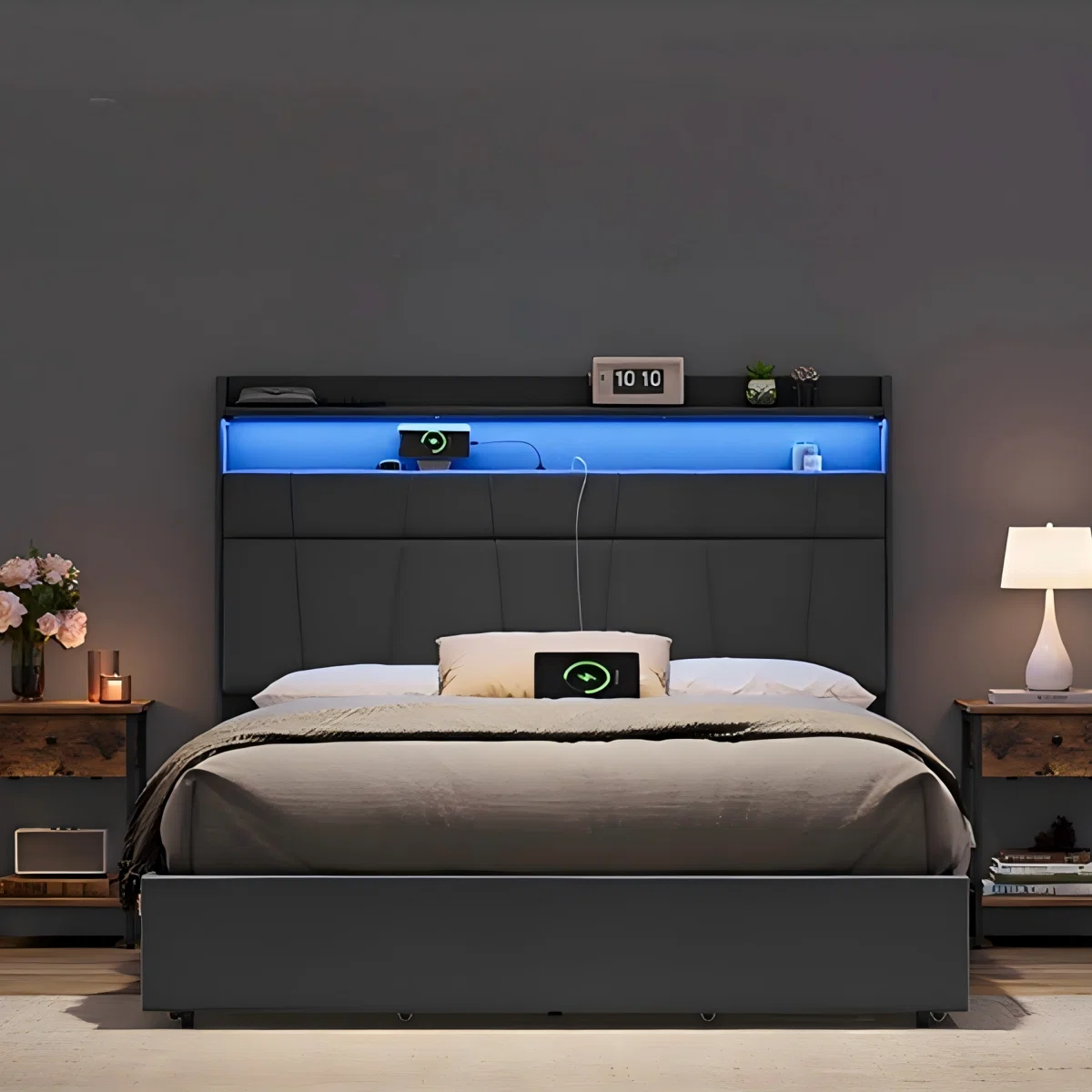Ranell Queen Bed Frame with 51.4-Inch Tall Storage Headboard, with 4 Storage Drawers on Wheels, LED Lights, Charging Station