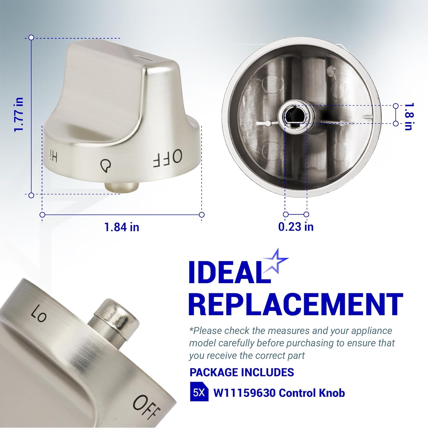 BlueStars [Upgraded] W11159630 W11023139 Surface Burner Knob Control Knob Compatible with Whirlpool Gas Range - Replaces KIP 5T09 AP6284486 4813782 PS12347845 - Stainless Steel - Pack 5