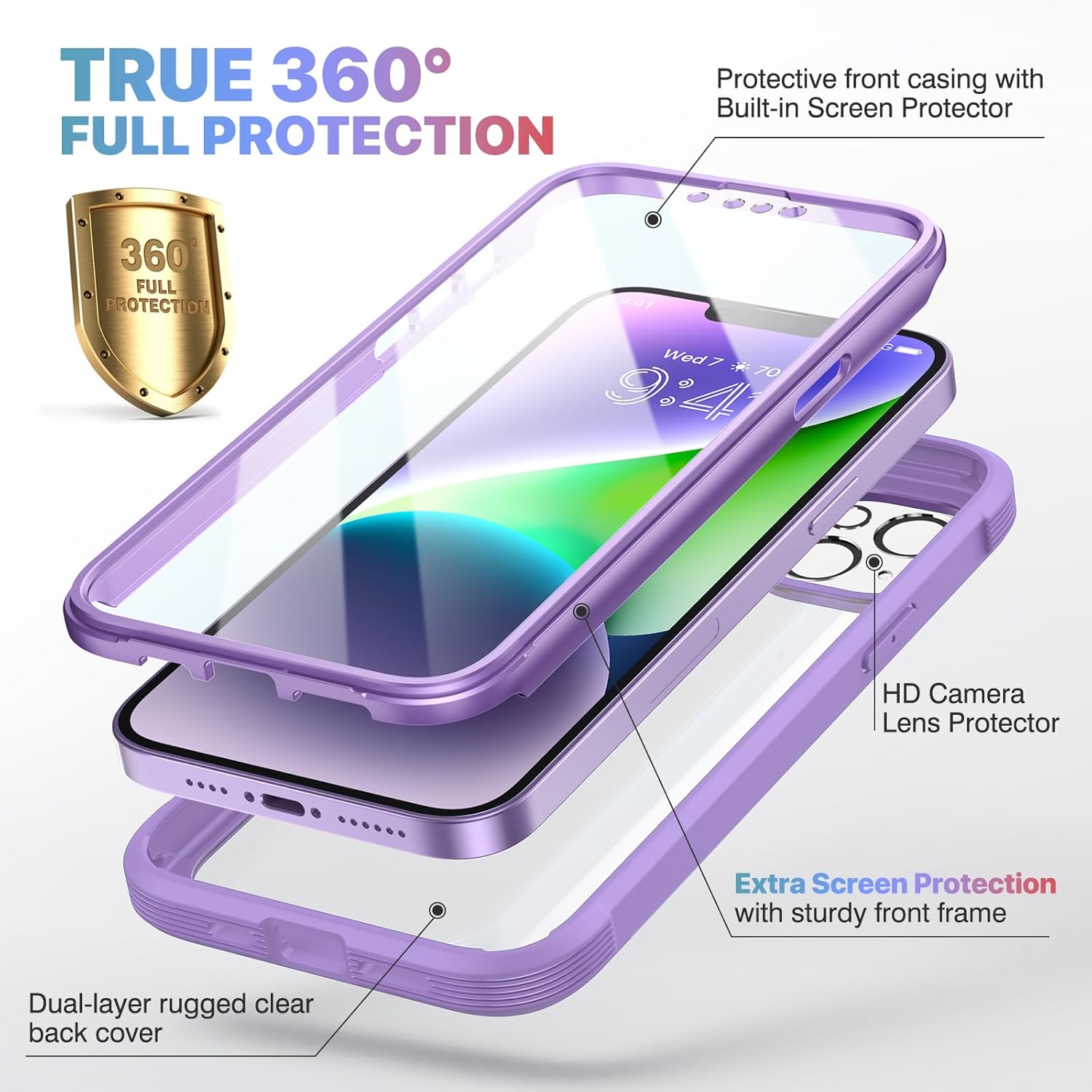 Diaclara Designed for iPhone 14 Case, Full Body Rugged Case with Built-in Touch Sensitive Anti-Scratch Screen Protector, with Camera Lens Protector for iPhone 14 6.1 (Peri Purple) iPhone 14 6.1'' Purple