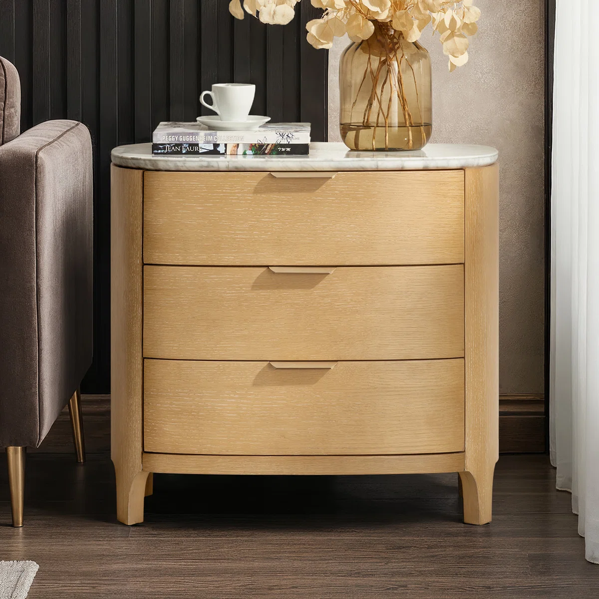 Burdine Modern 28" W 3 Drawer Solid Wood Nightstand With Marble Top And Oak Veneer