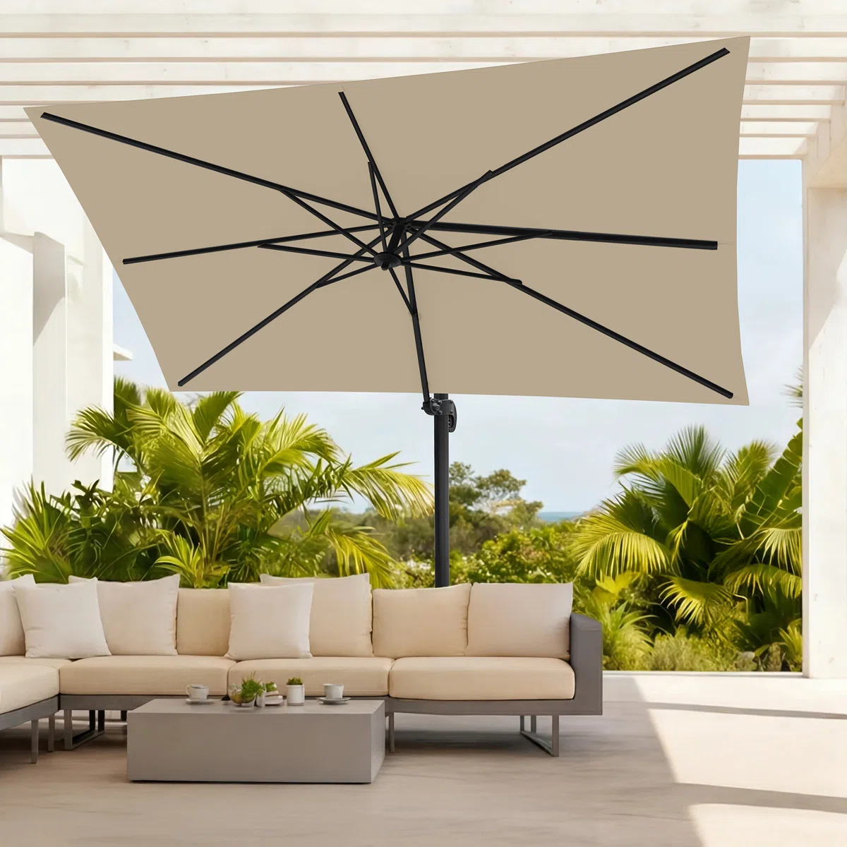 Olilawn 9' x 11.5' Rectangular Patio Umbrella with Base Included, Large Cantilever Offset Aluminum Umbrella - 360-Degree Rotation & Infinite Tilt, for Garden, Deck, Pool & Patio