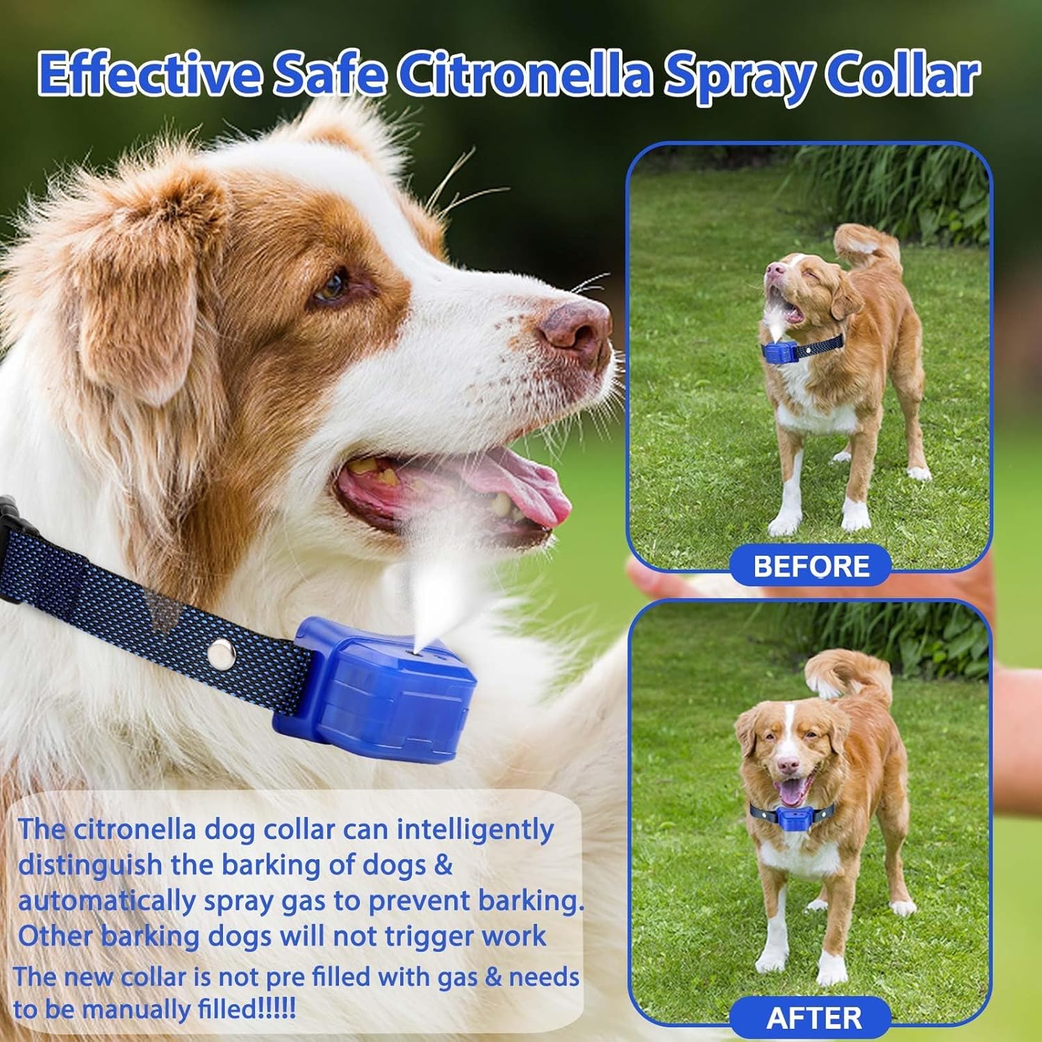 Citronella Bark Collar for Dogs, [No Spray Refill] Spray Dog Training Collar, Humane Citronella Dog Barking Collars, Safer Anti Barking Control Spray Collar for L/M/S Dogs Blue Bule