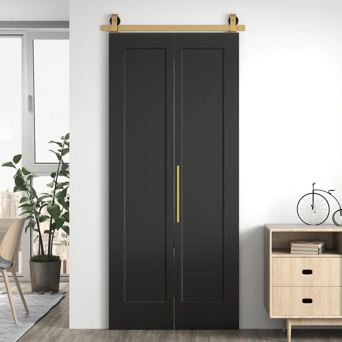 36"X84" 1-Panel Primed Composite Interior Bi-Fold Barn Door, Hollow-Core Door With Hardware Include