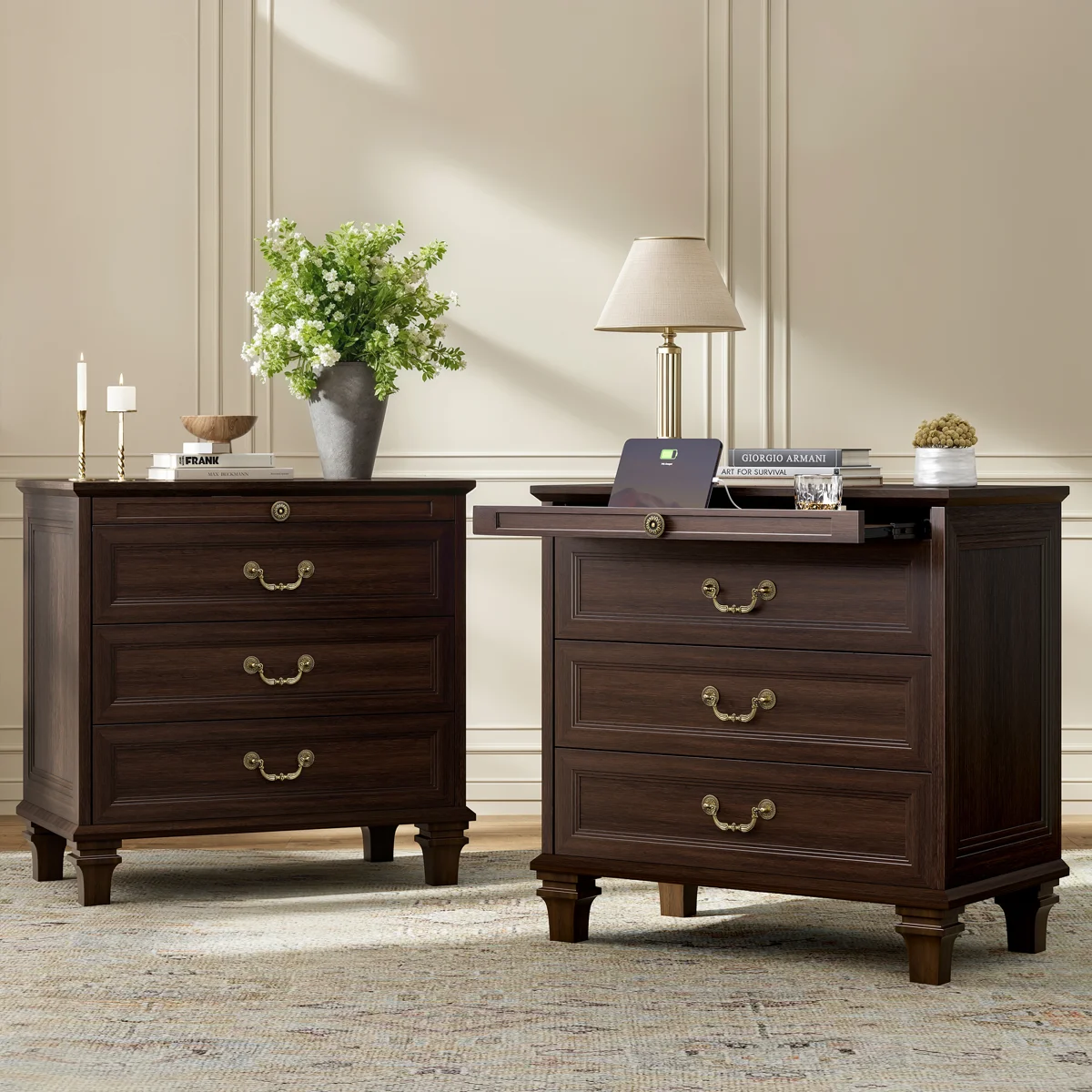 Transitional 27.5" 3-drawer Nightstand With Hidden Outlets, Pull-out Shelf & Elegant Solid Wood Legs