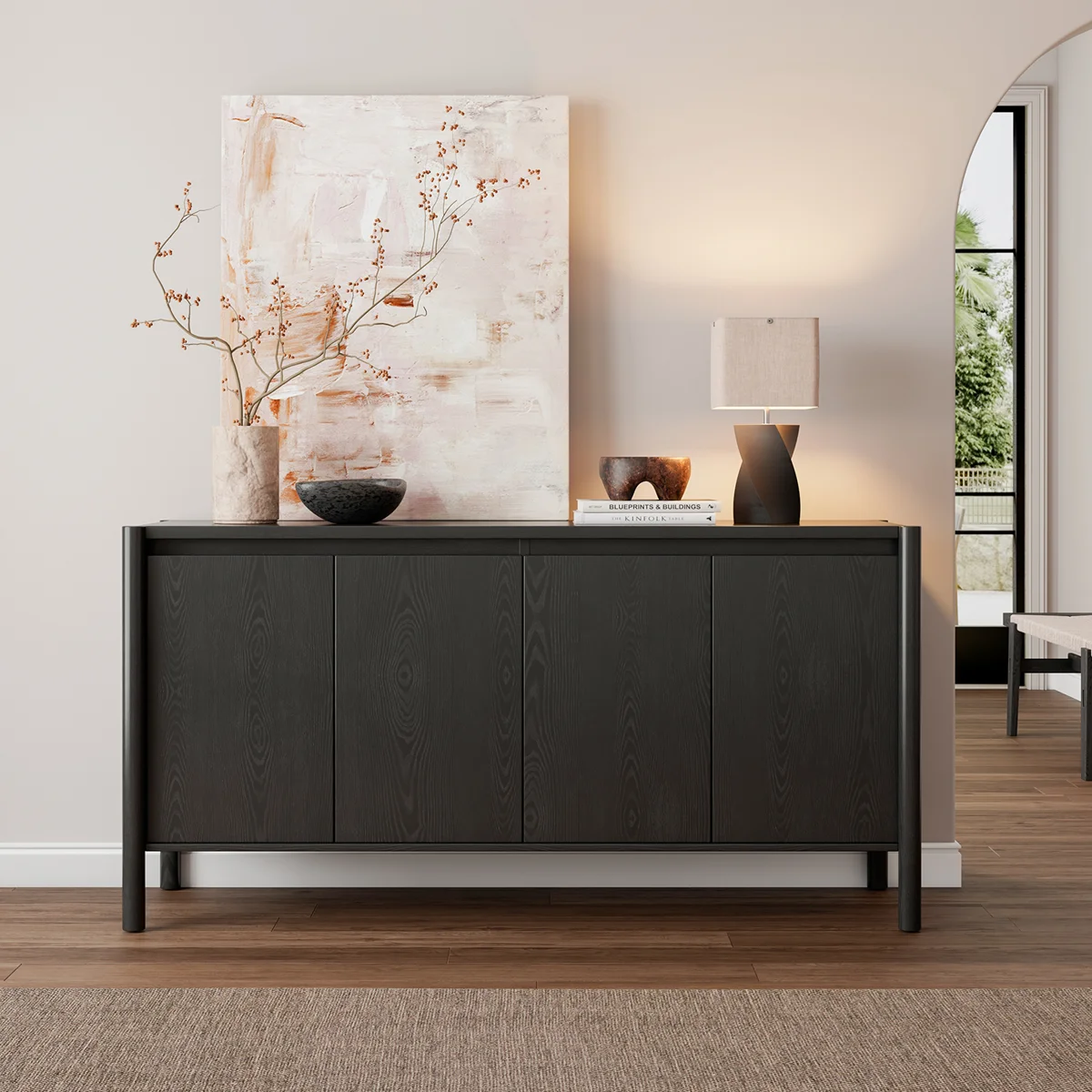 Hingham 59” W Sideboard Buffet Cabinet, Credenza Storage Cabinet With 4 Doors And Adjustable Shelves For Dining Room, Living Room
