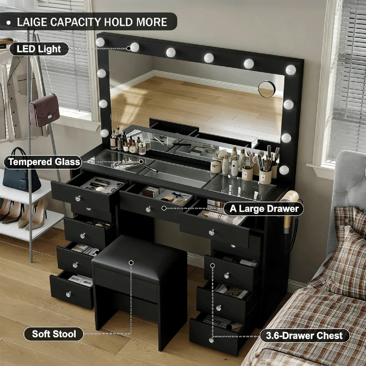 Vanity Desk with Illuminated Mirror & Power Outlet,Makeup Vanity with LED Lights (White, 11 Drawers)