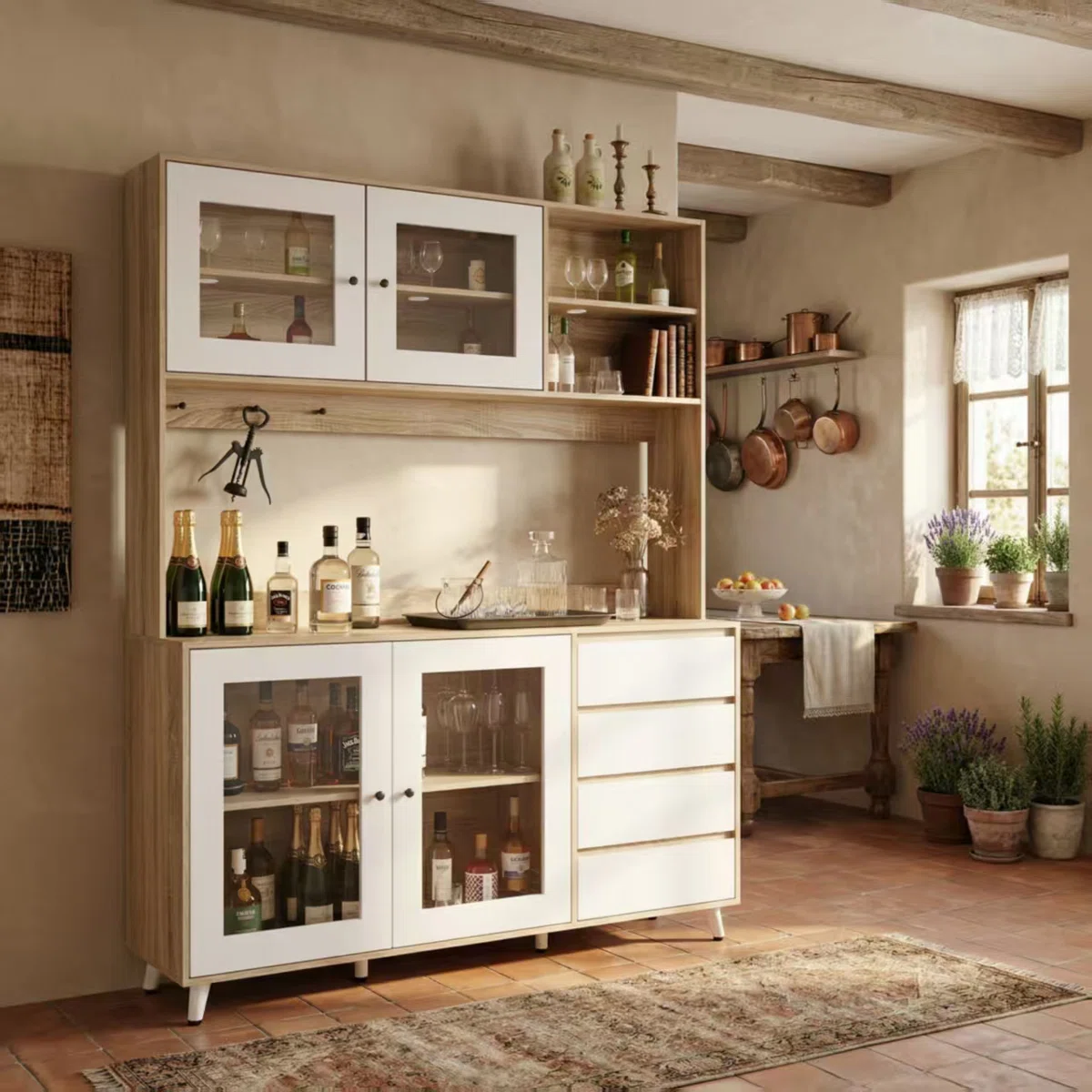 Large Liquor Cabinet Organizing Wine With Glass Doors, Drawers & Hooks