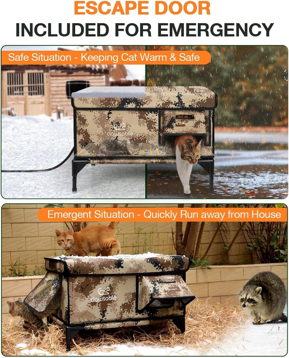 Indestructible Heated Cat House for Outside Winter, 100% Waterproof, Safe Escape Door, Insulated Outdoor Cat Shelter with Heater for Feral Barn Cat Kitty (Desert Camouflage, 27x17x18) Desert Camouflage 27x17x18