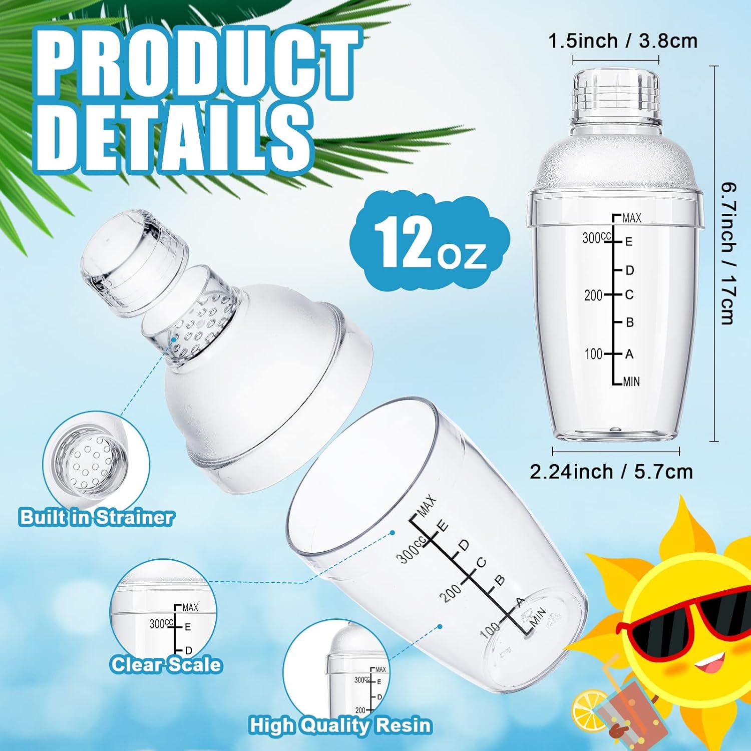 Lallisa 12 Pcs Plastic Cocktail Shaker Drink Mixer with Scales and Strainer Top Clear Shaker Cup with Measurement Plastic Bar Mixing Tool for Tea Coffee Bubble Tea Milk(350 Cc/ 12 oz)
