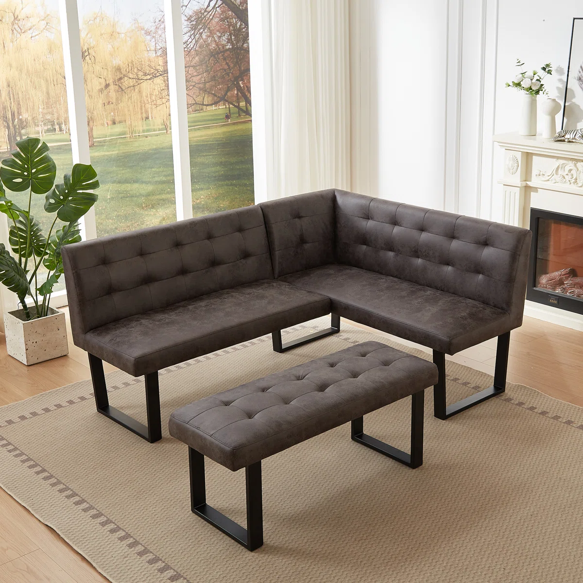 2 Piece Modern Dark Gray Faux Leather Corner Bench And Backless Bench With Tufted Upholstery And Metal Legs