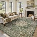 Soft Green Machine Washable Vintage Area Rug For Living Room, Bedroom