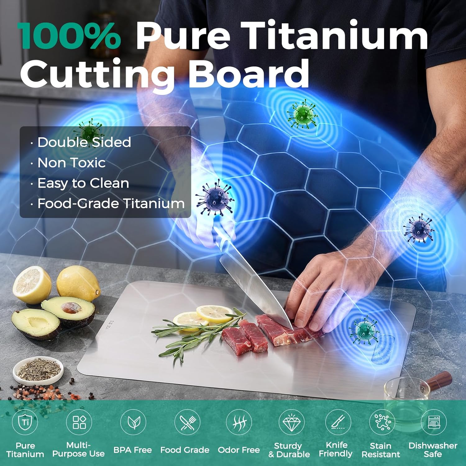 Katuchef Titanium Cutting Board - Upgraded 100% Pure Titanium Cutting Boards for Kitchen Non Toxic, Double-Grade Hygiene Durable Non Moldy Dishwasher Safe Meat Fruit Metal Board (1PC 11 * 15.5 Inch) 1PC-XL