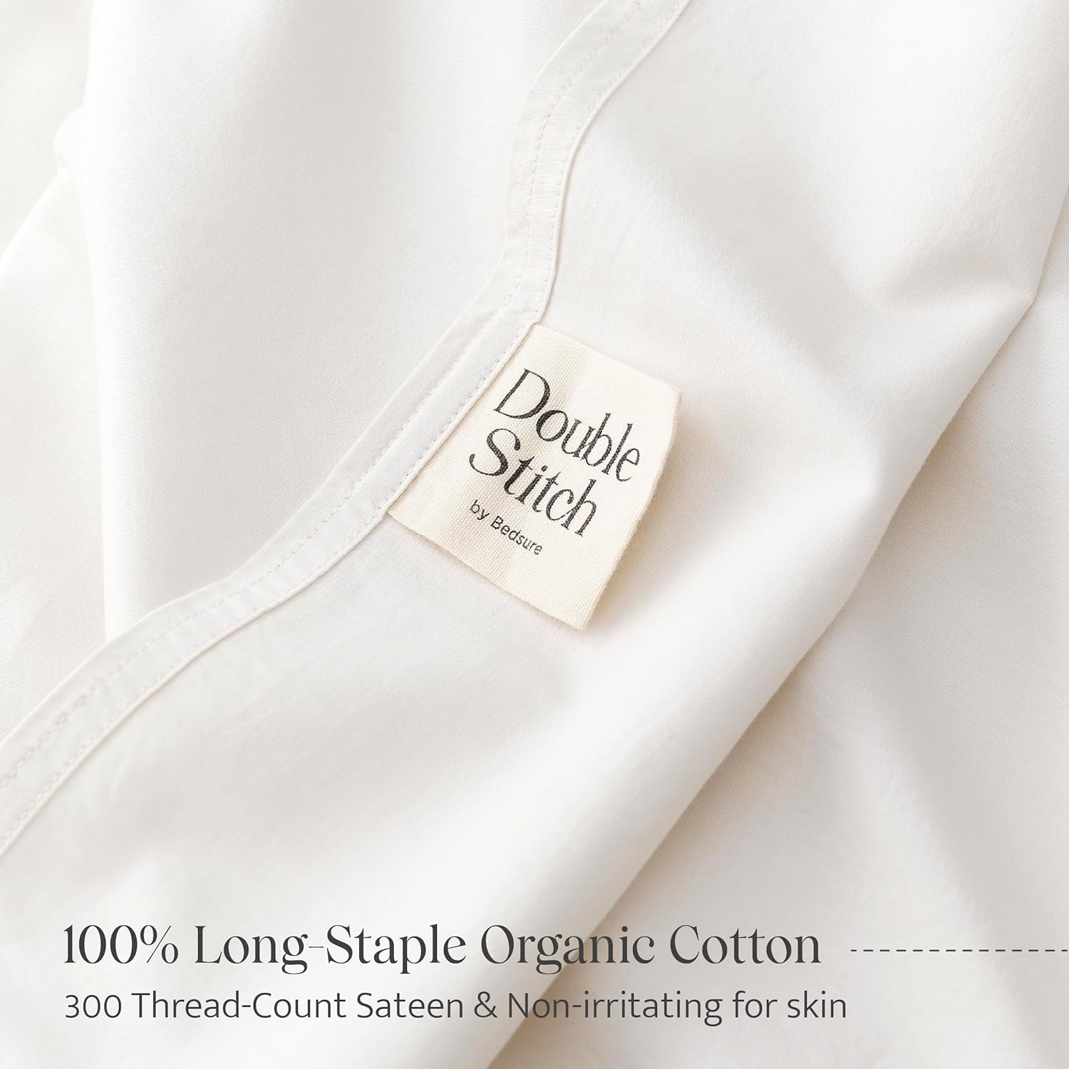 Double Stitch Organic Cotton Sheets King Size - Soft & Breathable Sheet Set 4 Piece, Luxury 300 TC Sateen Weave Bedding, 100% GOTS Certified Long Staple Cotton, Made in India, Coconut Milk Coconut Milk King (78 x 80 x 16)