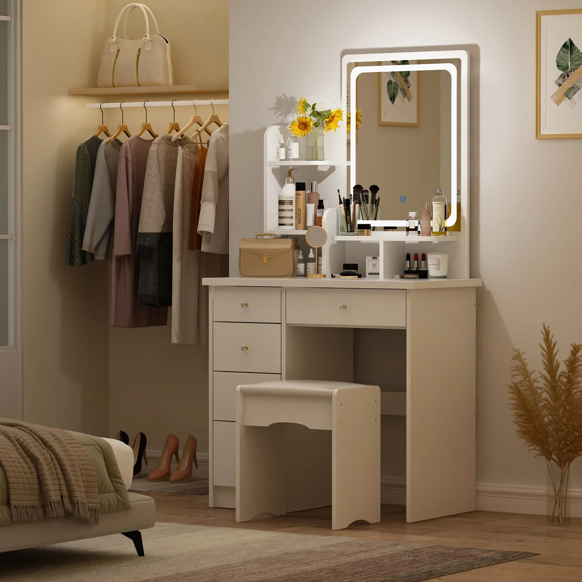 31.5" W Makeup Vanity Set with 3-Color LED Lighted Mirror and 5 Storage Drawers