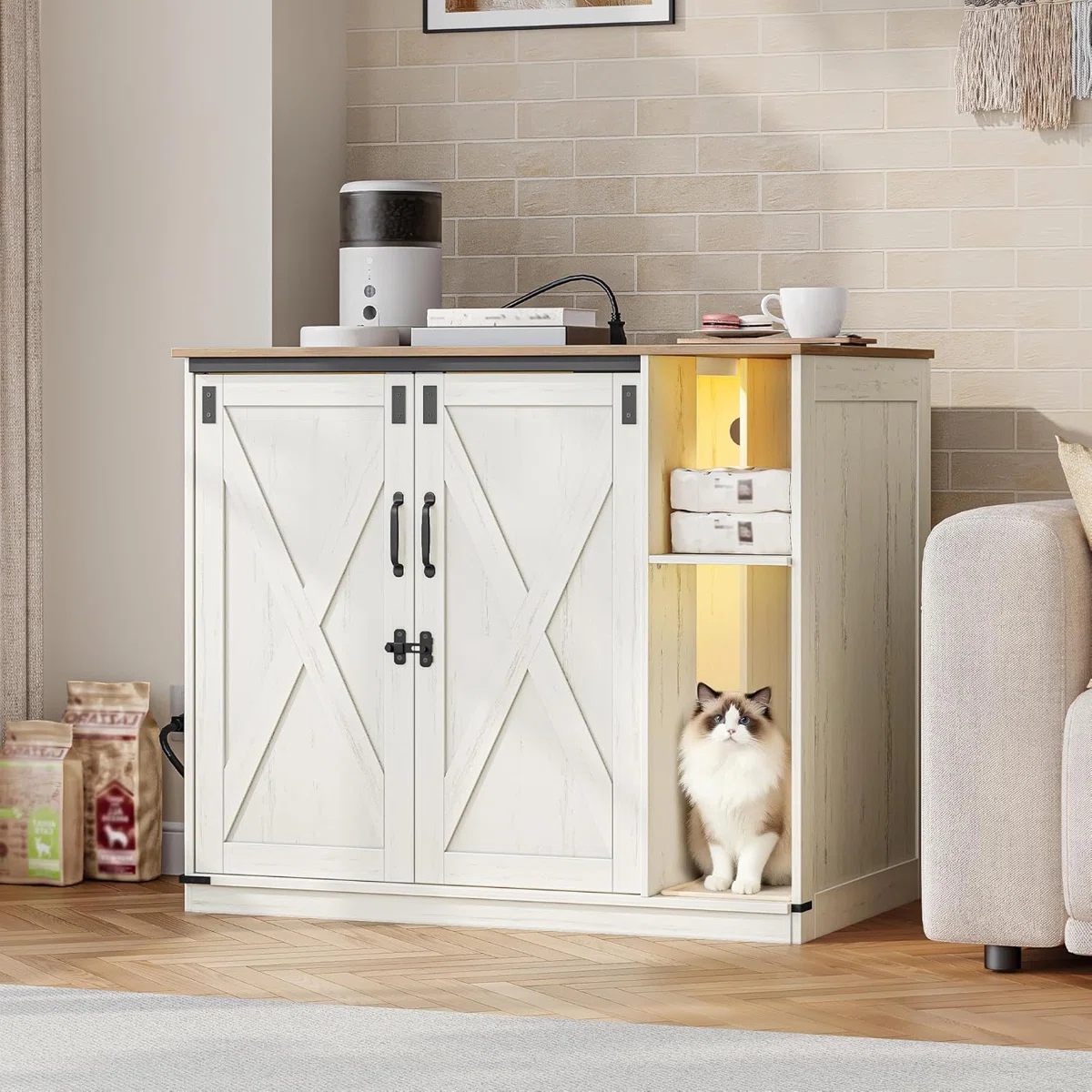 Extra Large Cat Litter Box Enclosure, Hidden Self-Cleaning Litter Box Furniture with Rotating Stand, Farmhouse Cat Cabinet with Power Outlet & Light, Cats House, Rustic White