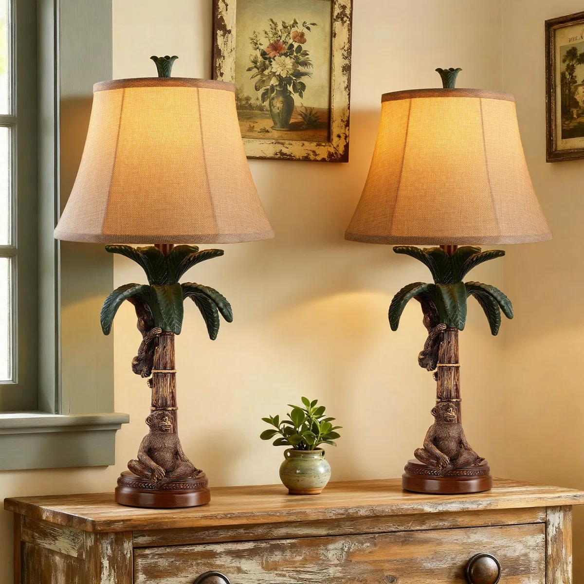 24in Rustic Farmhouse Climbing Monkey Table Lamps Set Of 2 For Living Room,bedroom Accent Tree Nightstand Lamps For Western Country Wood Cottage Christmas Decor