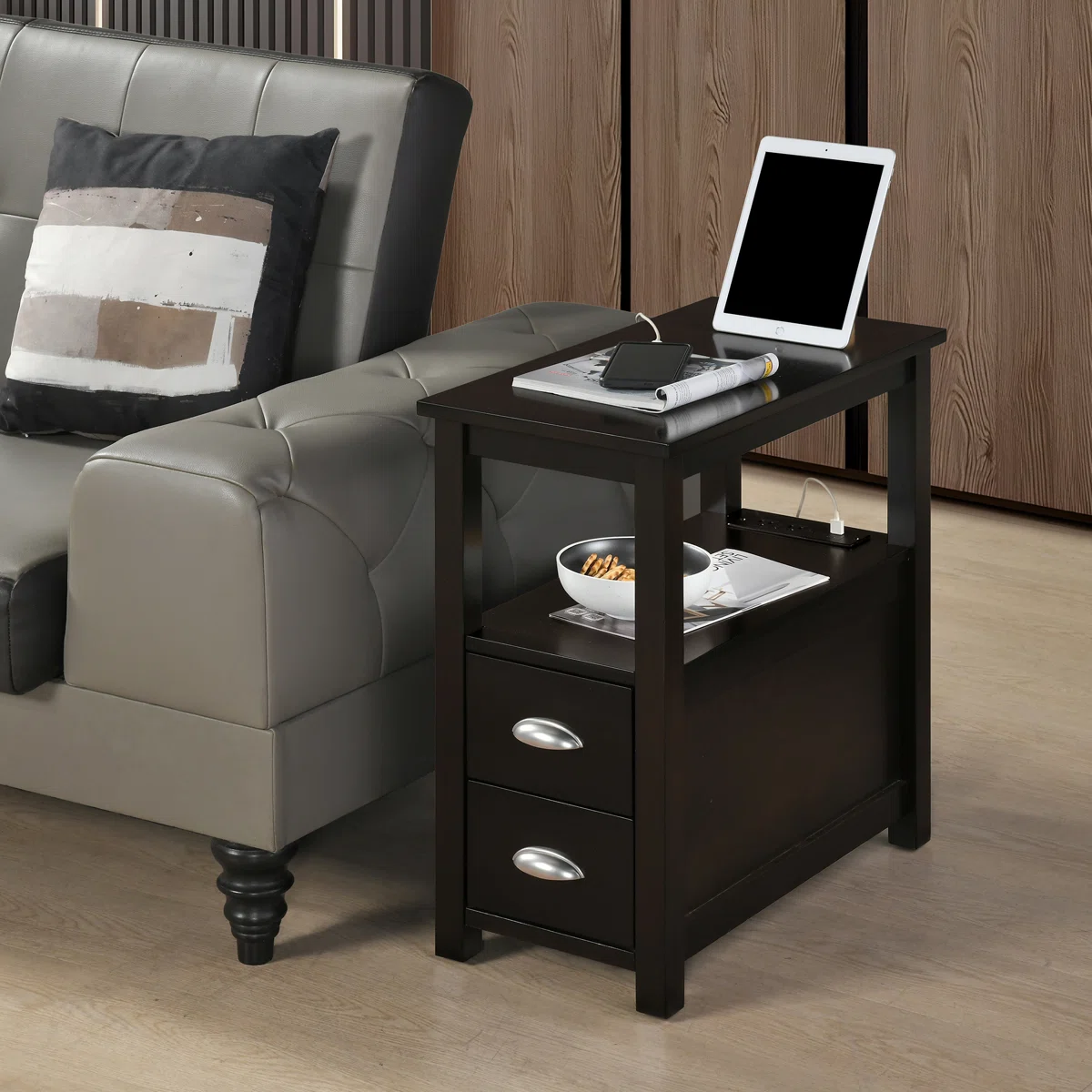 Bellea Vita 2-Drawer Side Table With Built-In Power Outlets & USB Ports