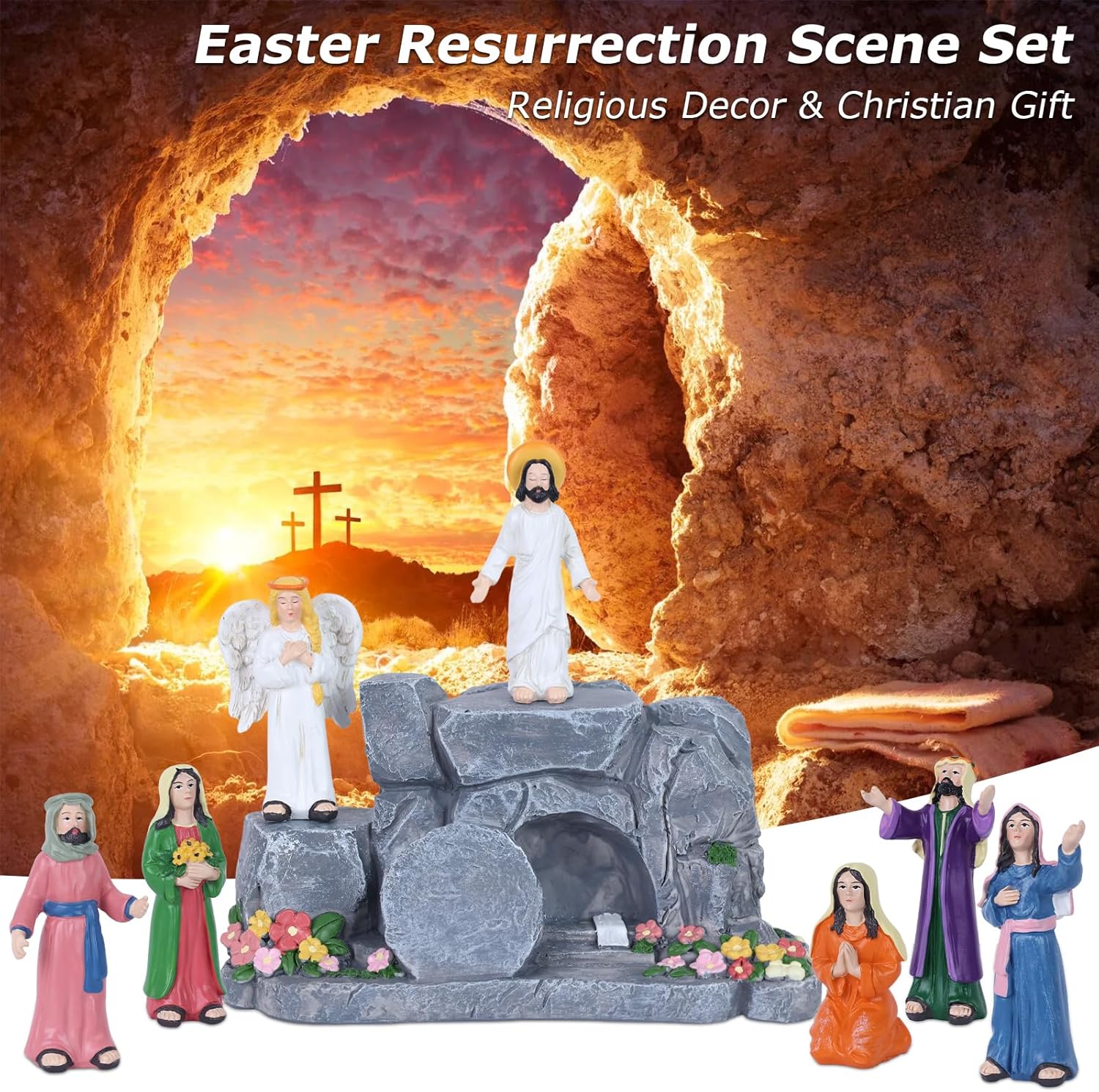 MEETYAMOR Religious Easter Decorations for Home, 8 PCS Resin Jesus Resurrection Scene Set with Empty Tomb for Christian Easter Decor, He is Risen Nativity Scene for Tabletop Mantel Tray Shelf Church