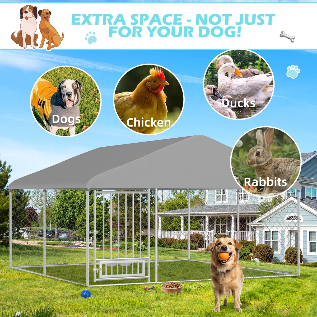 10FT x 10FT Outdoor Dog Kennel with Roof – Secure Dog Run Fence Enclosure with PVC-coated polyester Door, Ideal for Large Dogs