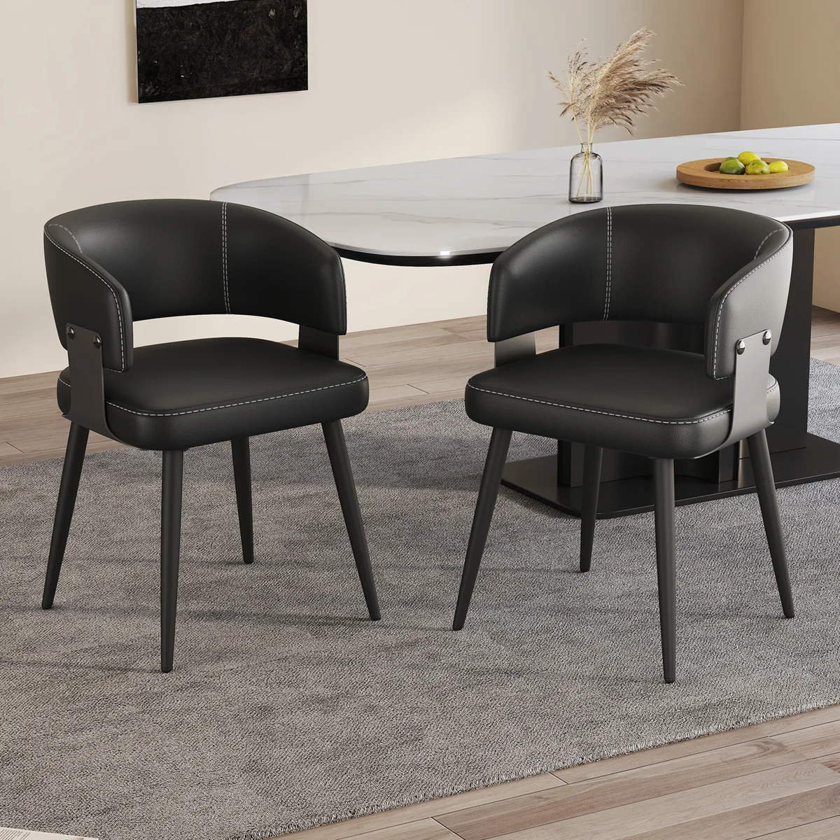 Mid-Century Modern Dining Chairs, Faux Leather Upholstered with Arms, Waterproof and Metal Legs