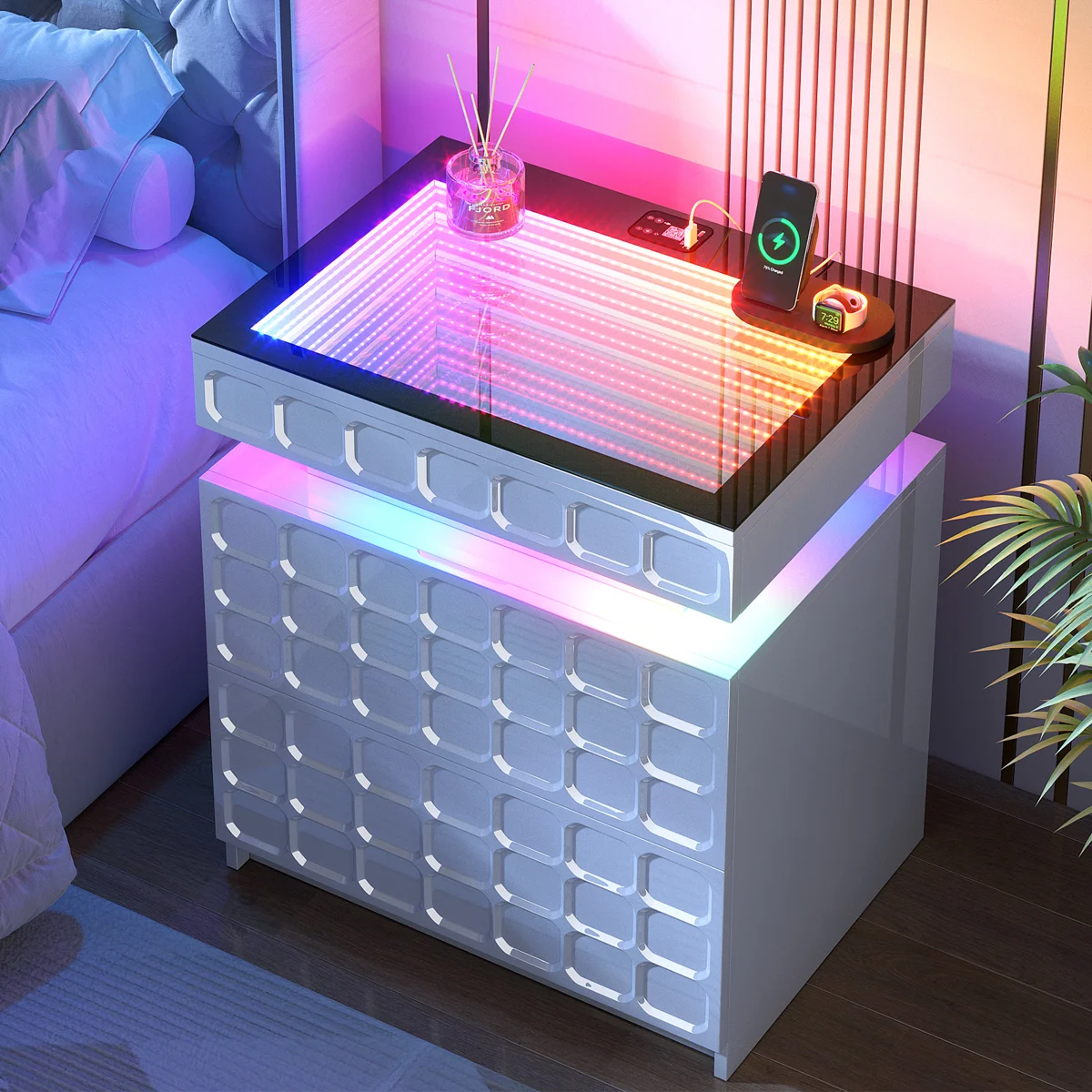 Ashten 19.7'' W Nightstand With 3D Mirror Abyss & Rgb Lighting, 2-Drawer Bedside Table With Hidden Storage And Human Sensor Light