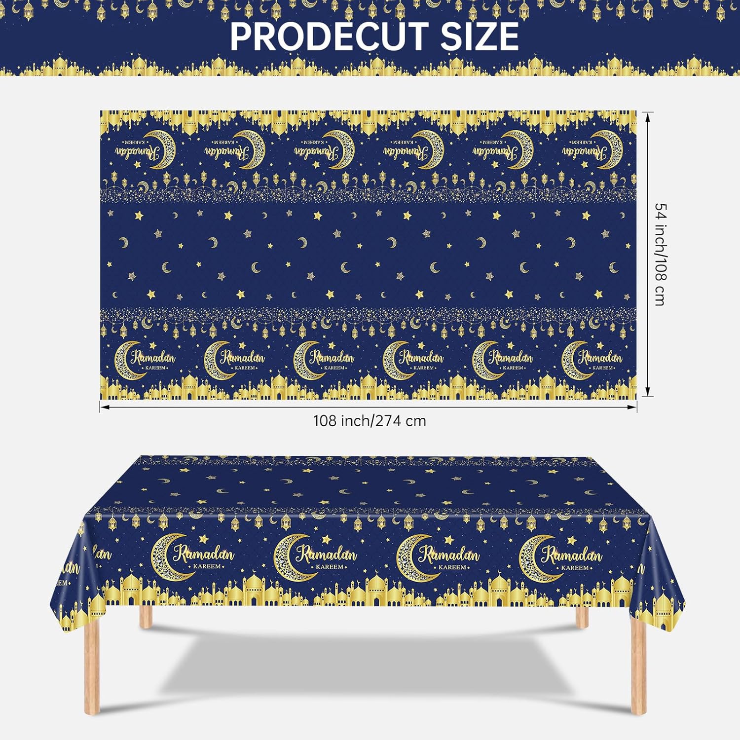 3 Pack Ramadan Table Cloth - Blue and Gold Ramadan Kareem Table Cover, Plastic Disposable Rectangle Eid Moon Star Tablecloth for Ramadans Mubarak Tables Decorations and Party Decor, 108 x 54 Inch