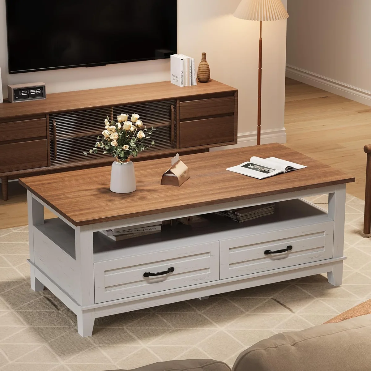 47.24" Farmhouse Coffee Table with Drawers, Rustic Coffee Table Wood Center Table