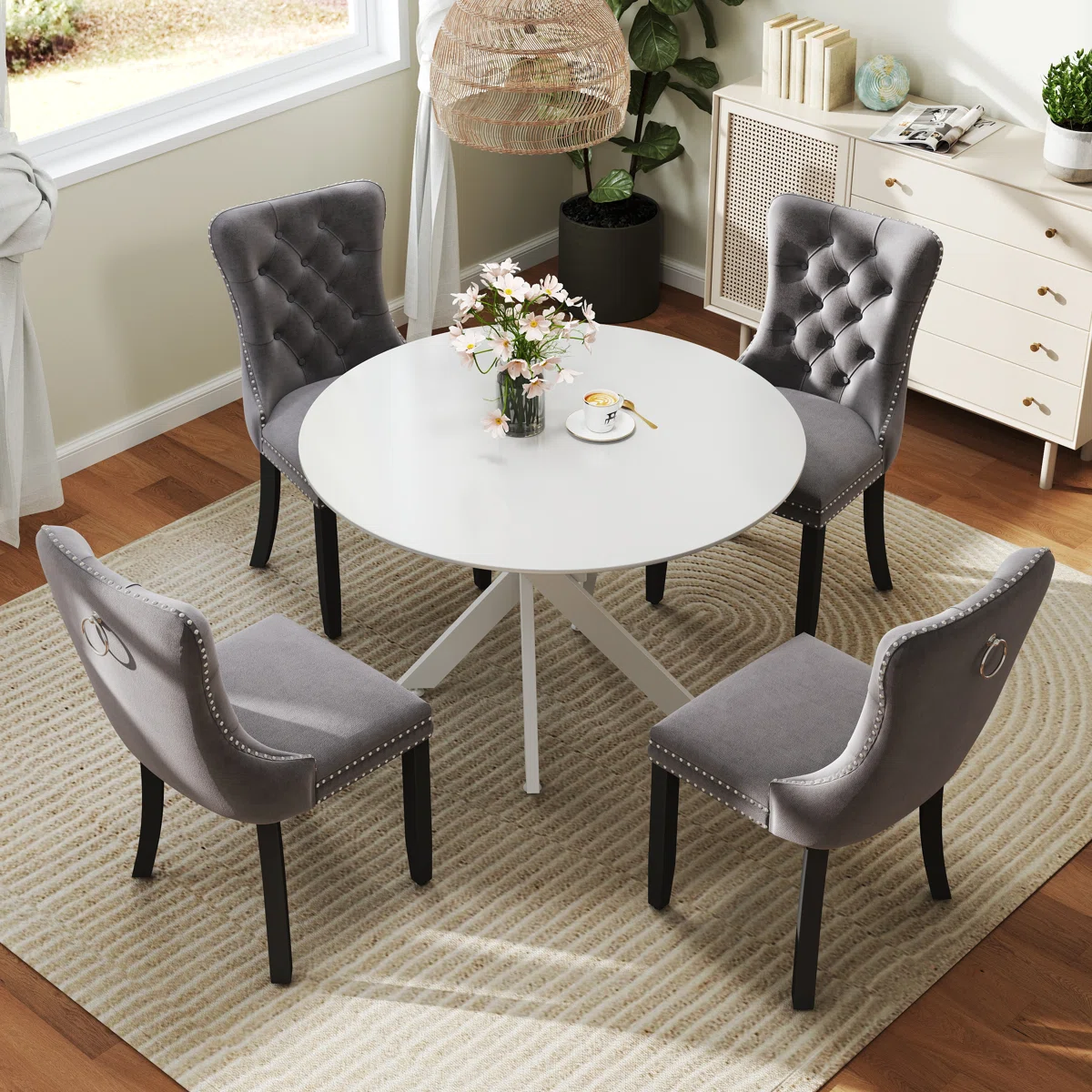 Round Wood Dining Set with Tufted Dining Chair