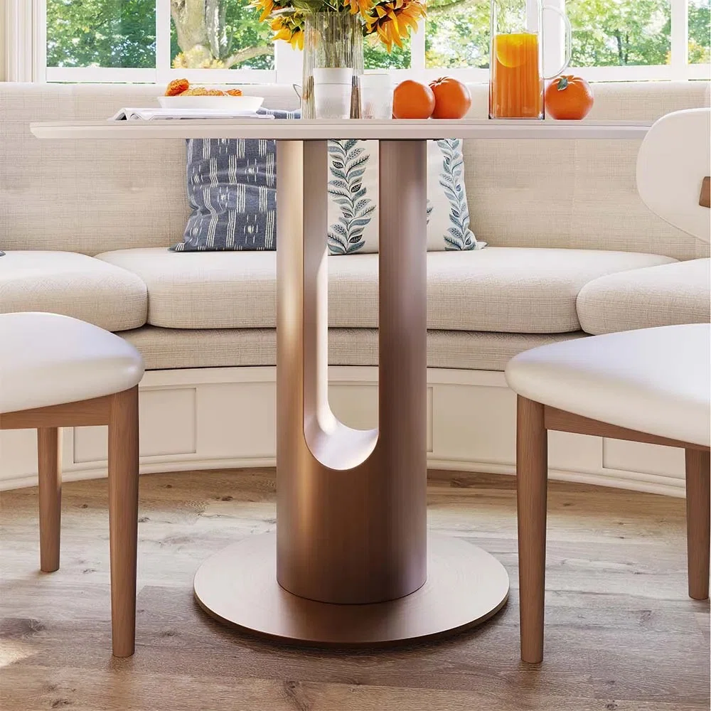 Round Height Dining Table - Small Space Kitchen, Sintered Stone Top, Bronze Metal Base, Compact Breakfast Nook Table, Easy To Clean