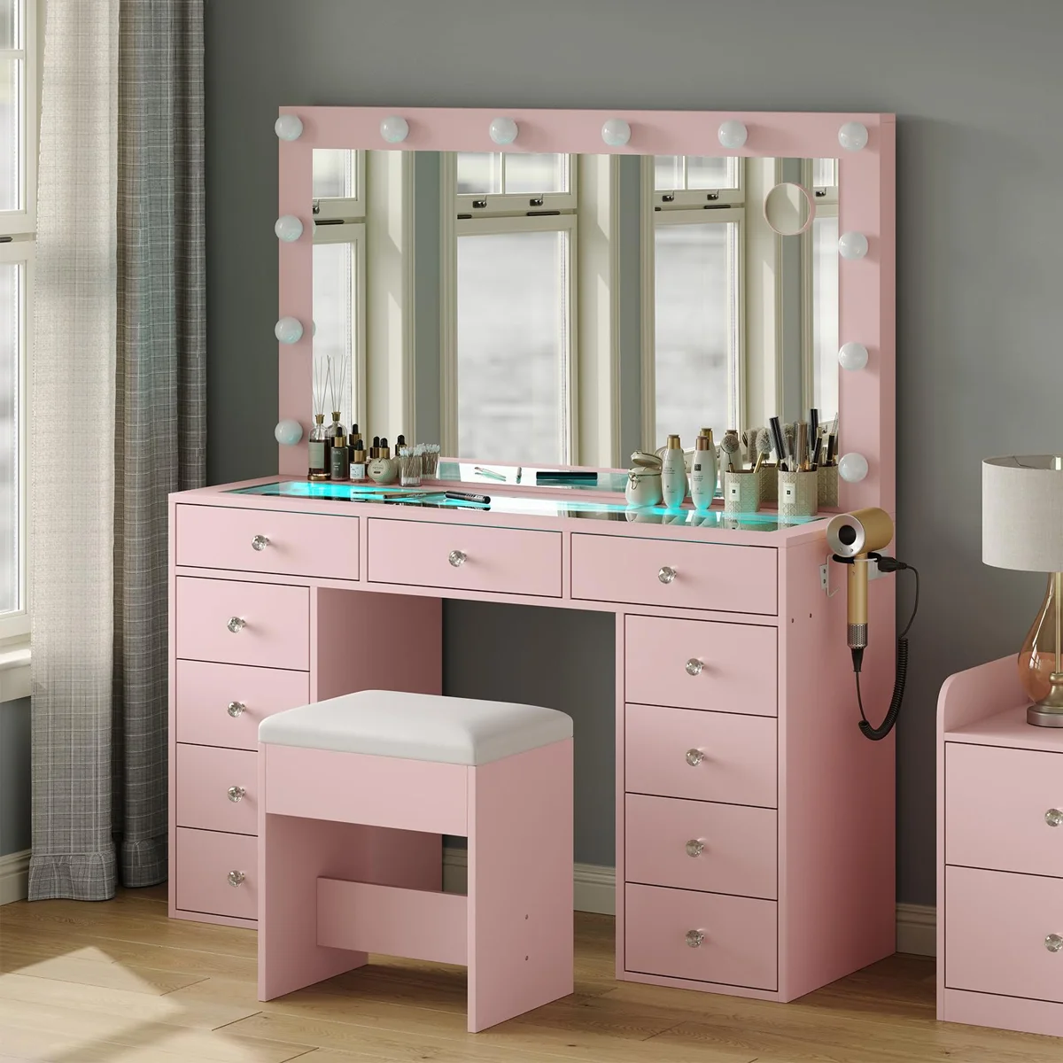 Makeup Vanity Desk with RGB Lights and Large 47.2โโ Mirror, 11 Drawers Makeup Vanity with Lighted Mirror, 3 Color Option, Brightness Adjustable, Make Up Vanity with Charging Station Woman, White