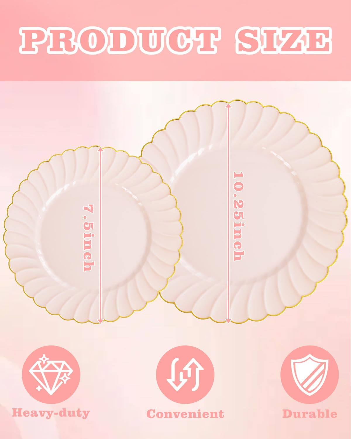 YOUBET 100PCS Pink Scalloped Plastic Plates - Heavy Duty Gold Disposable Fancy Hard Plates Include 50 Dinner Plate, 50 Dessert Plate, for Wedding & Party Valentines Day Pink and Gold