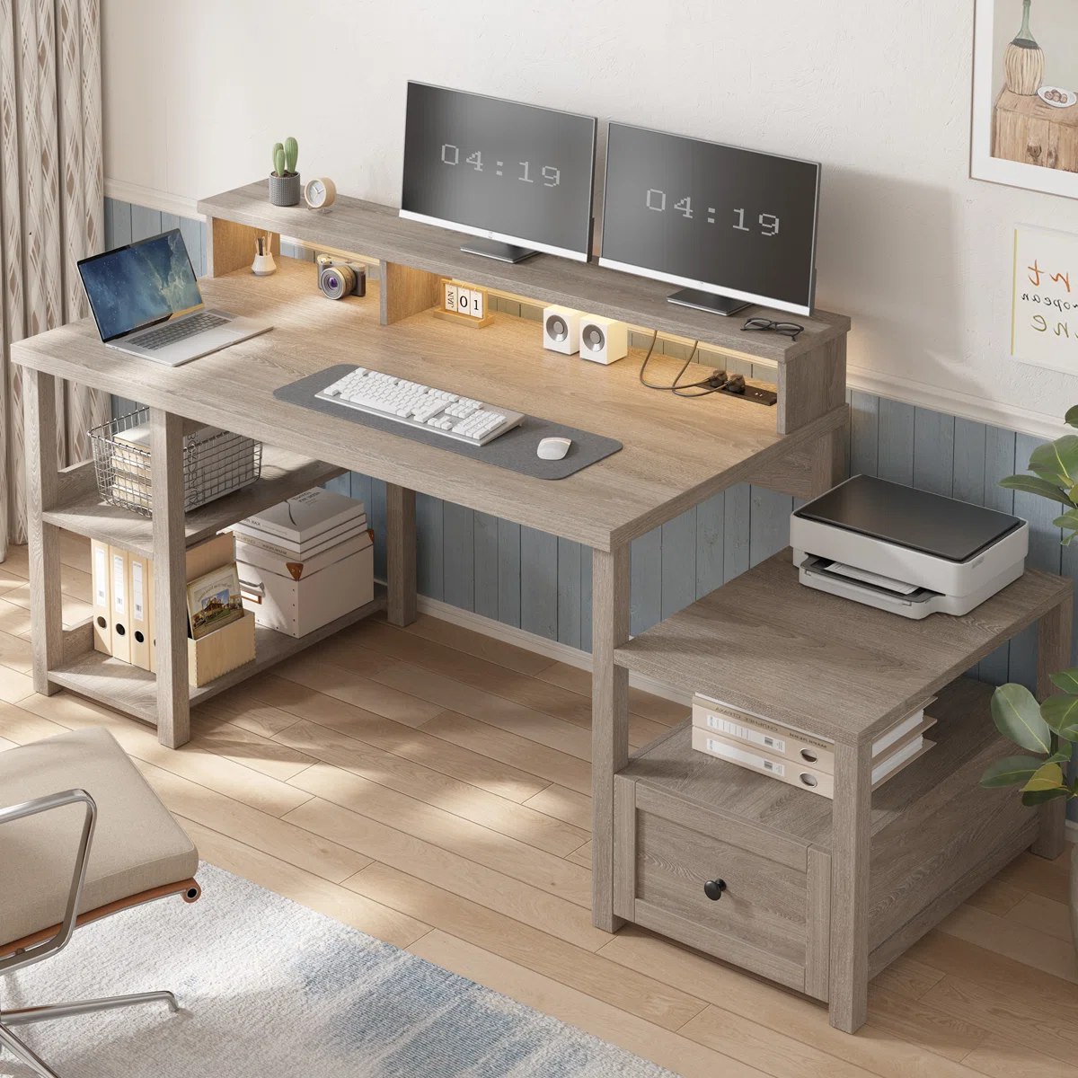 Modern Farmhouse Computer Desk with LED Lights and Power Outlets