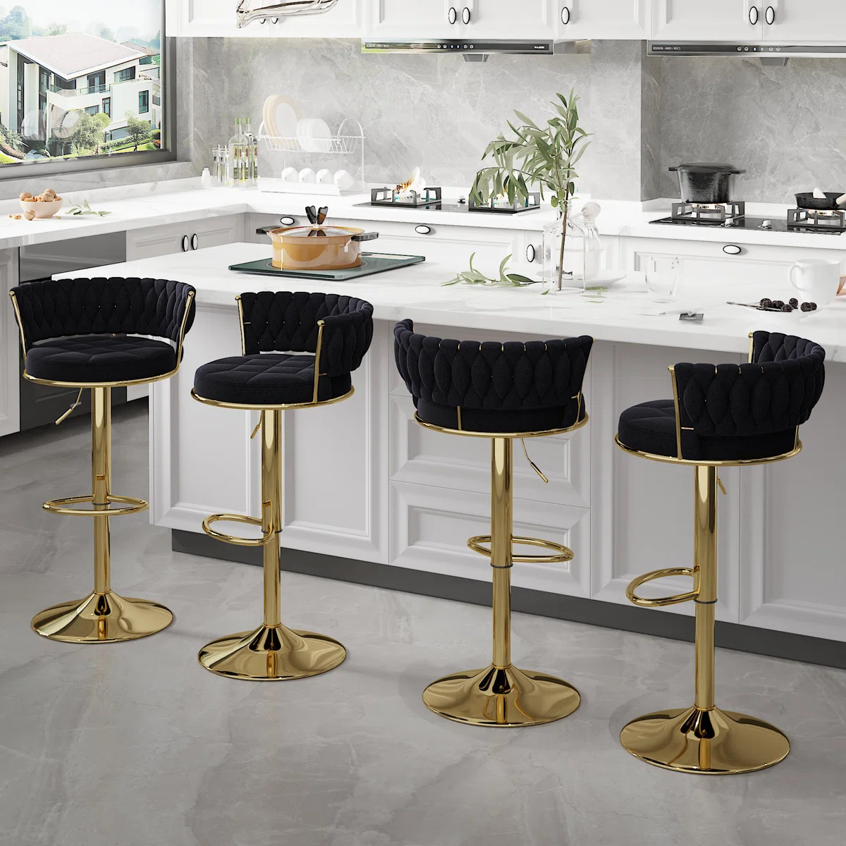 Abraham Velvet Upholstered Bar Stools with Woven Backrest, Height Adjustable Counter Stools with Low Back, Swivel Kitchen Stools for Kitchen Island, Bar, Pub