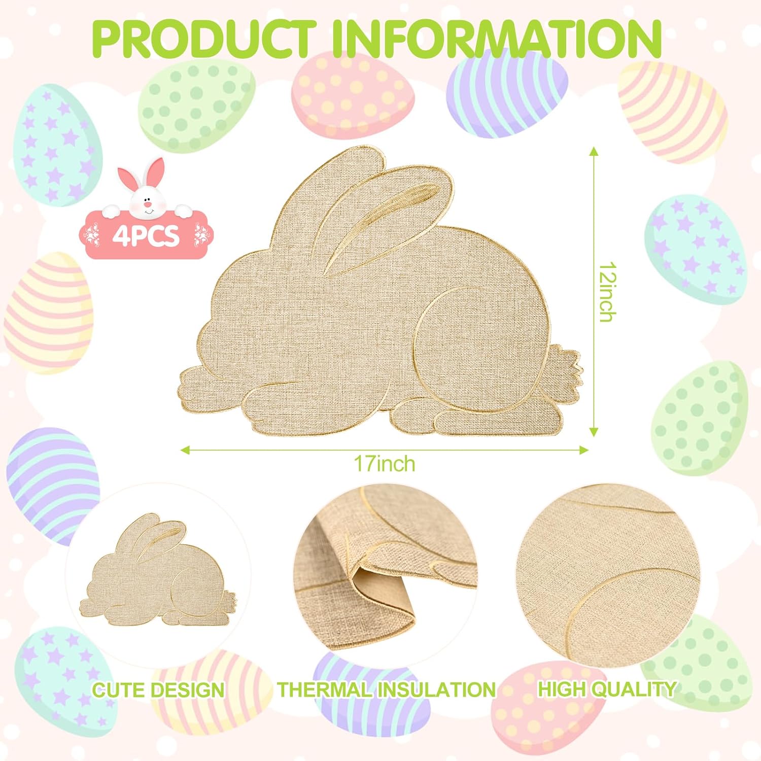 Easter Placemats Set of 4 Bunny Placemats Easter Table Decorations Burlap Spring Placemats Farmhouse Holiday Table Mats for Party Kitchen Dining Decoration