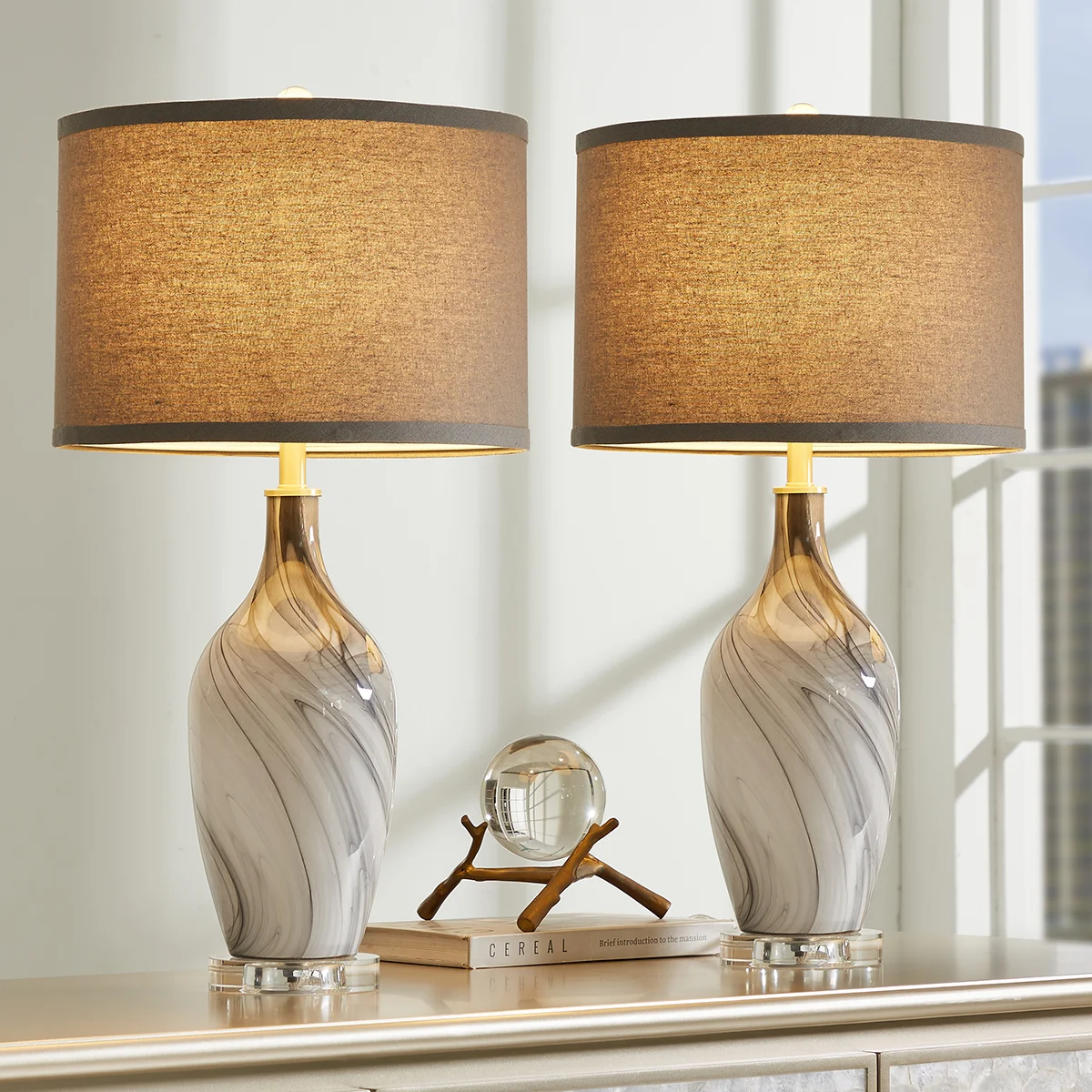 Autry 25.8"silky Gray Glass Table Lamp With Crystal Base (set Of 2)