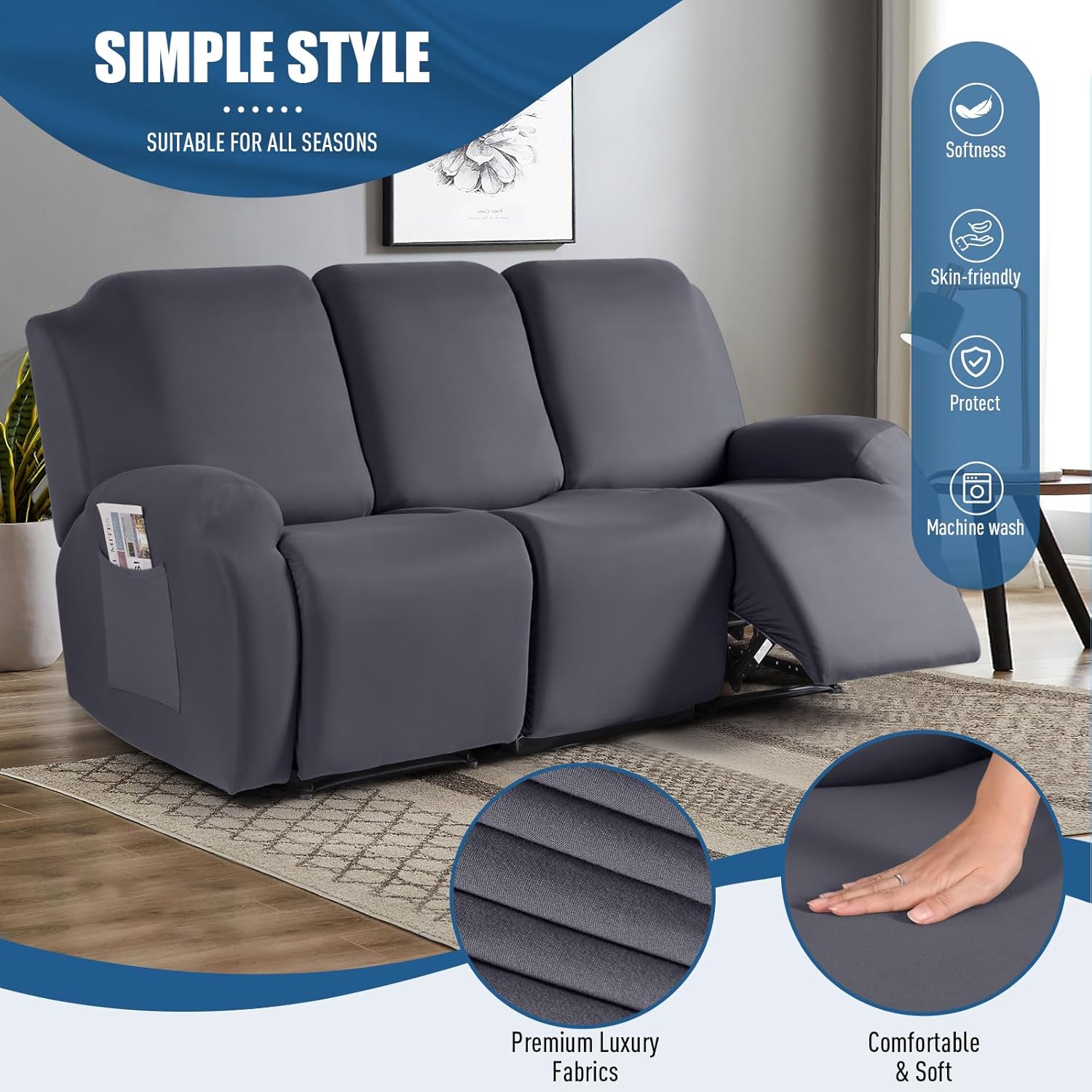 TAOCOCO Recliner Sofa Slipcover, 3 Pieces Polyester Fabric Stretch Sofa Covers for 3 Seat Reclining Couch, Soft Washable Furniture Protector with Pockets (3 Seat, Dark Gray) Dark Gray 3 Seat