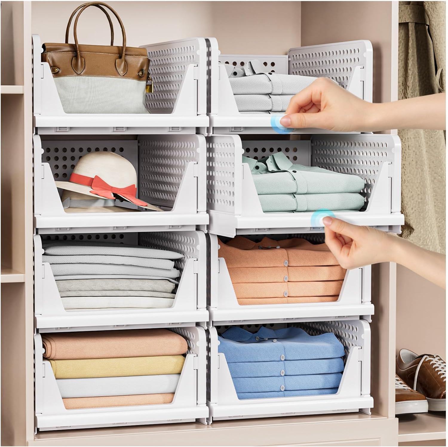 5 Pack Stackable Closet Storage Basket - Stackable Storage Bins, Multifunctional & Foldable Closet Organizer Waterproof, Wardrobe Cupboard Space-Saving Hat Storage Drawer Organizer, White White 5 Pack White