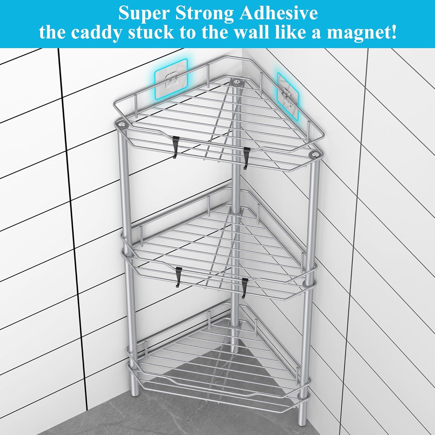 3 Tier Floor Standing Corner Shower Caddy Organizer Shelf with Hooks, Bathroom Shelves Stand Rack, Silver 3 Tier Silver