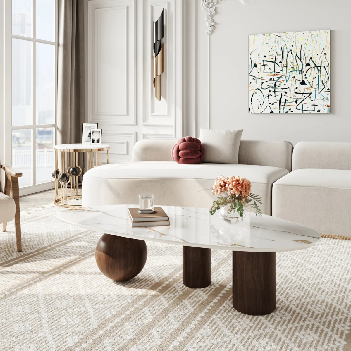 Base only 54'' Modern Coffee Table for Living Room, Stone Coffee Table with 3 Legs and Sintered Stone Tabletop